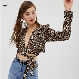 Animal Print Plunge Top w/ Flutter Sleeve